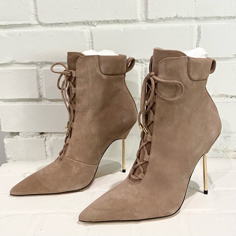 π₯ Good American Scandal Lace Up High Heel Booties Boots Stone Sold Out NIB - Picture 5 of 12
